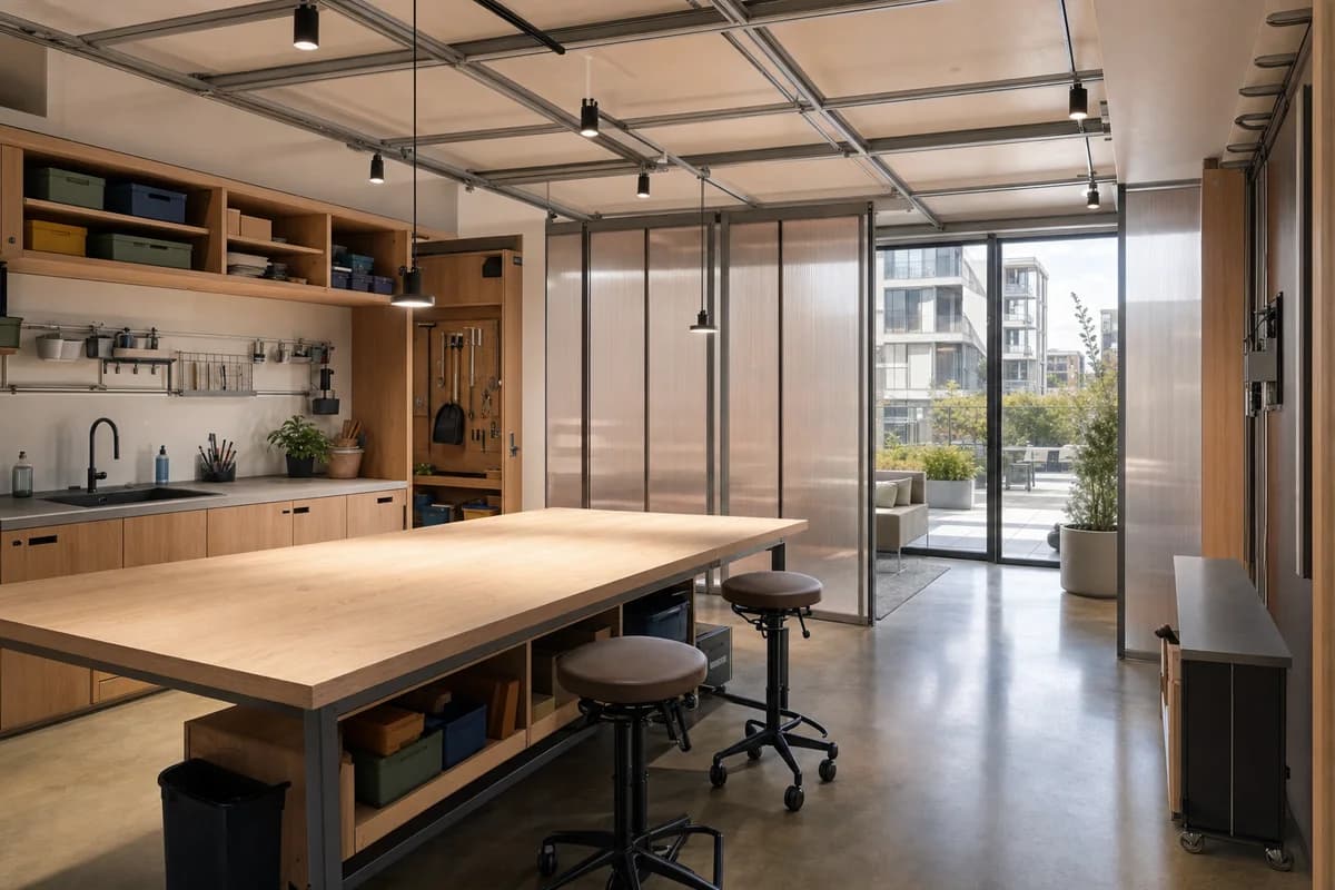 Second accepted render of the shared workroom from the same 35mm corner camera, with identical morning light, geometry, activities, and conditions.