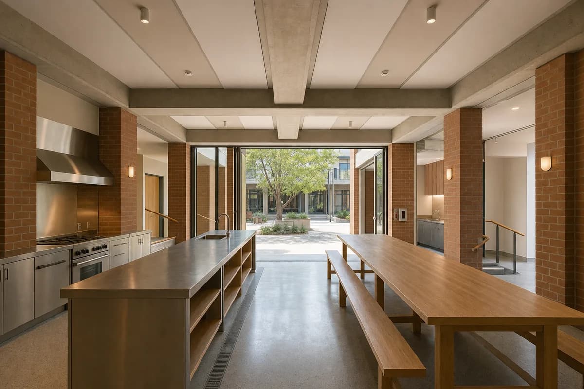 Cohousing kitchen and dining hall with brick piers, repairable tables, and a flush courtyard threshold.
