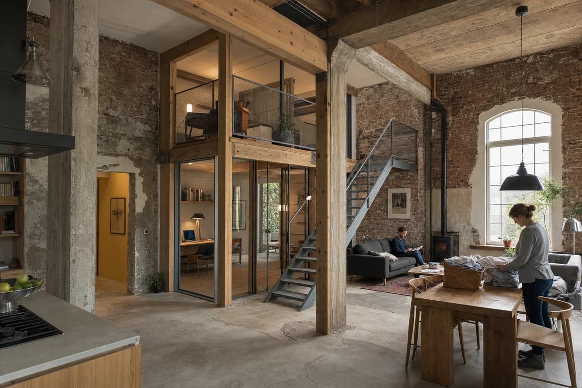 Repaired foundry interior containing a distinct timber mezzanine and occupied family living room.