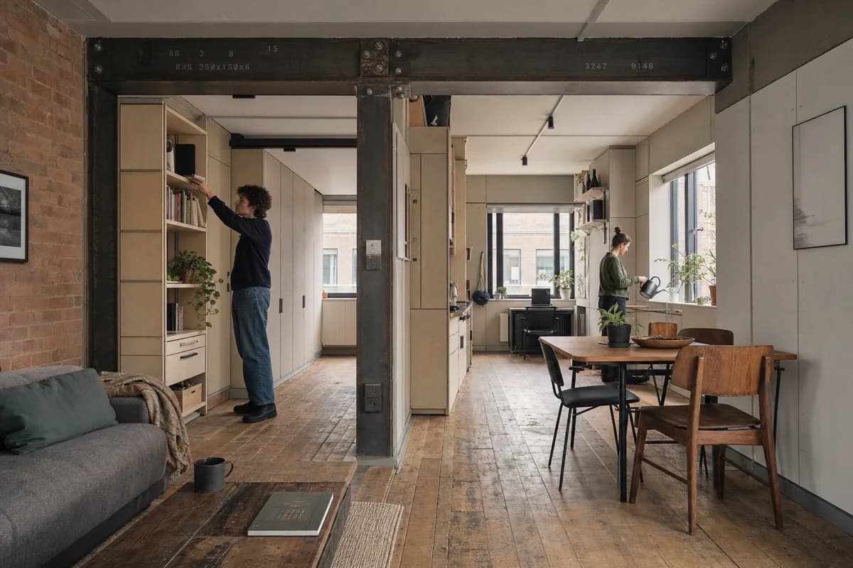 Compact apartment with dry-jointed panels, reclaimed structure, and visible serviceable connections.