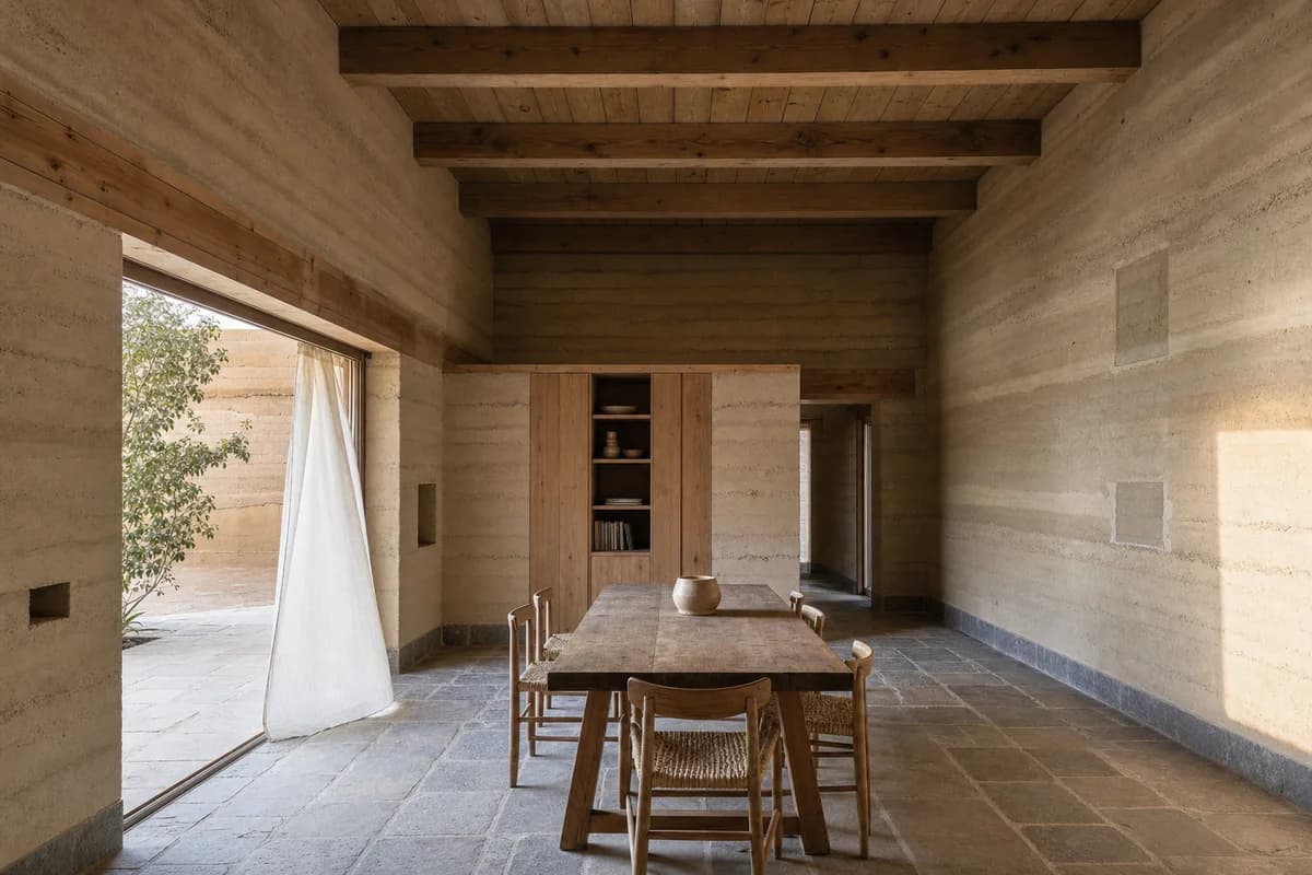 Unoccupied rammed-earth dining room with deep openings and a shaded courtyard.