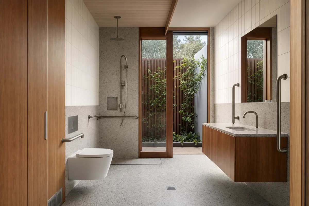 Accessible Garden Bath, adaptable home bathroom defined by a continuous turning zone aligned with a private planted screen.