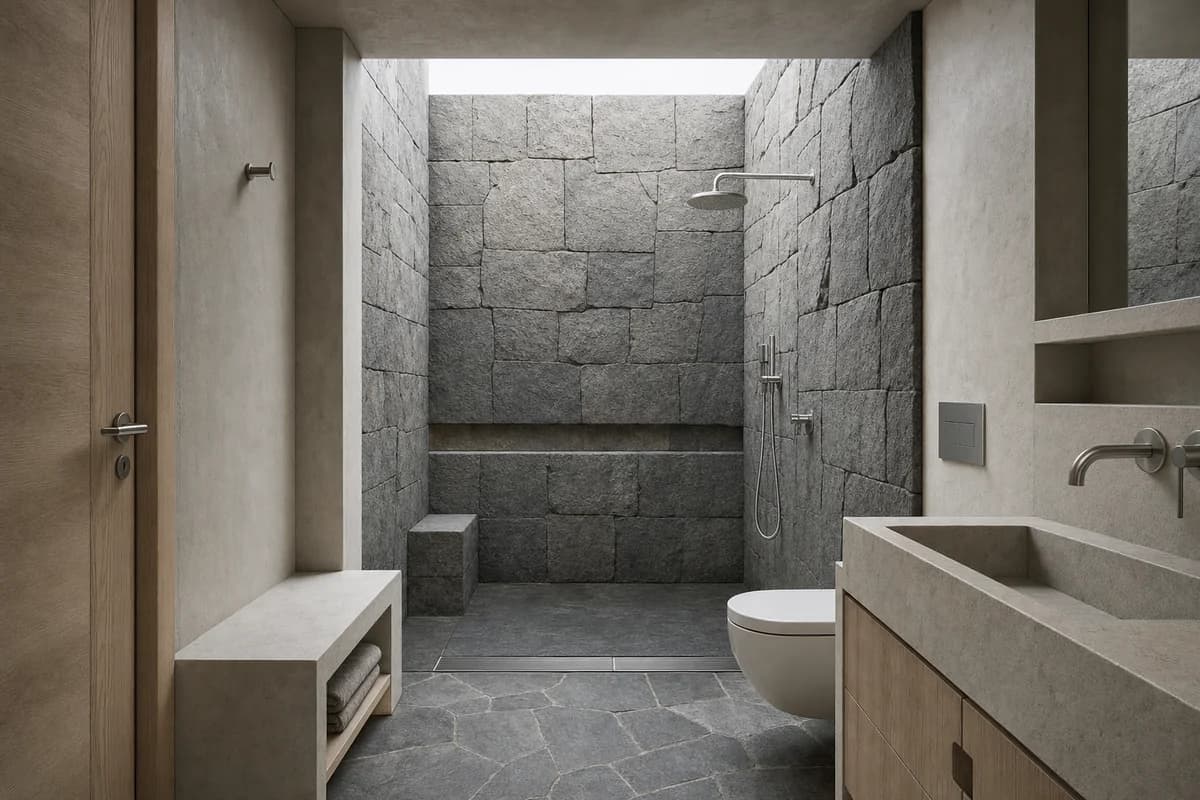 Basalt Wash Chamber, compact house bathroom defined by a low stone-lined chamber opening upward to soft sky.