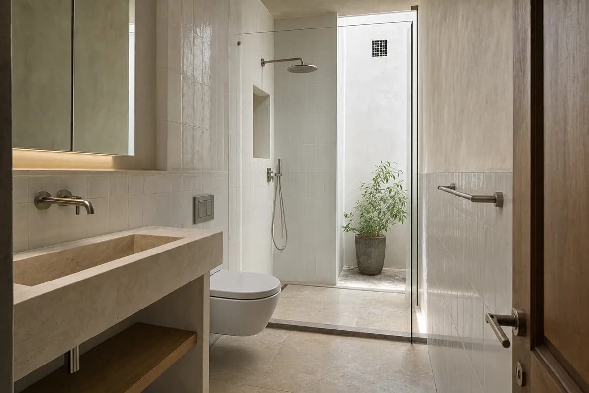 Blue-Light Shower Room, coastal townhouse bathroom defined by a shower slot receiving reflected light from a concealed court.