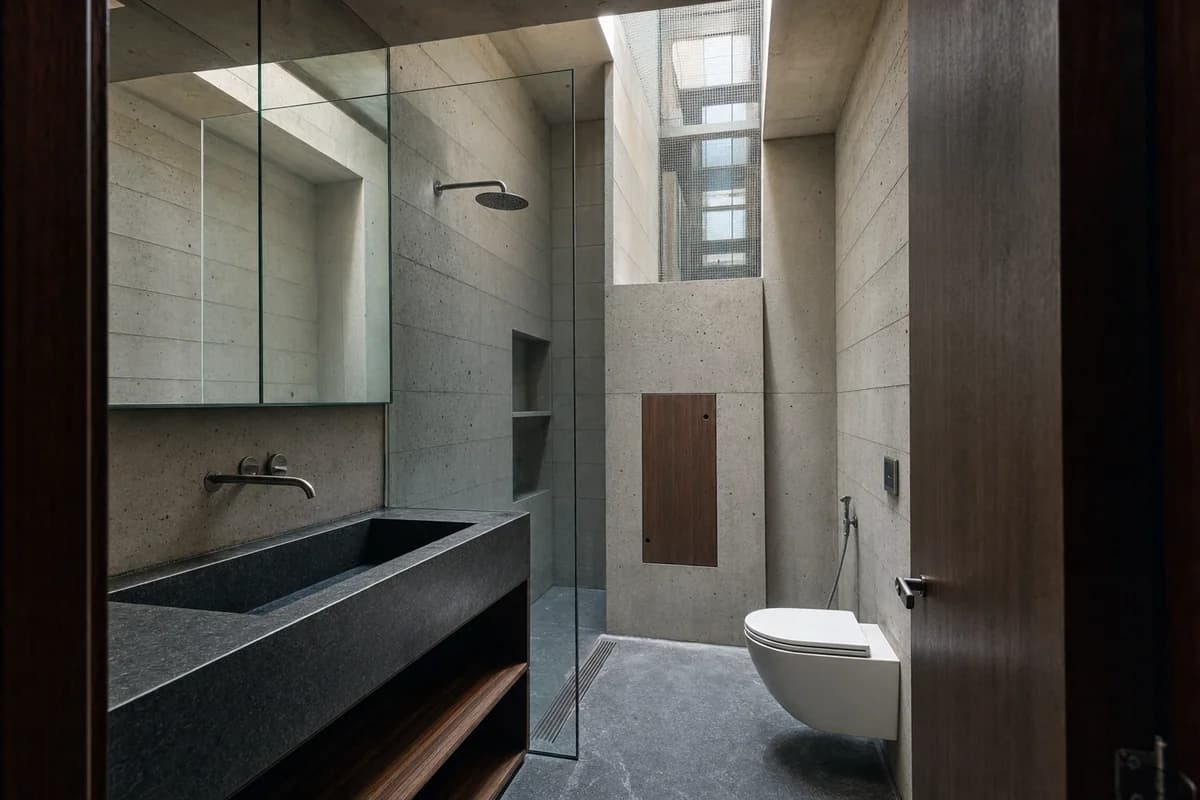 Concrete Bath Tower, narrow-house bathroom defined by one complete middle-floor bath wrapped around a continuous plumbing riser, with a narrow floor opening and aligned top-lit shaft revealing that equivalent wet rooms continue above and below.
