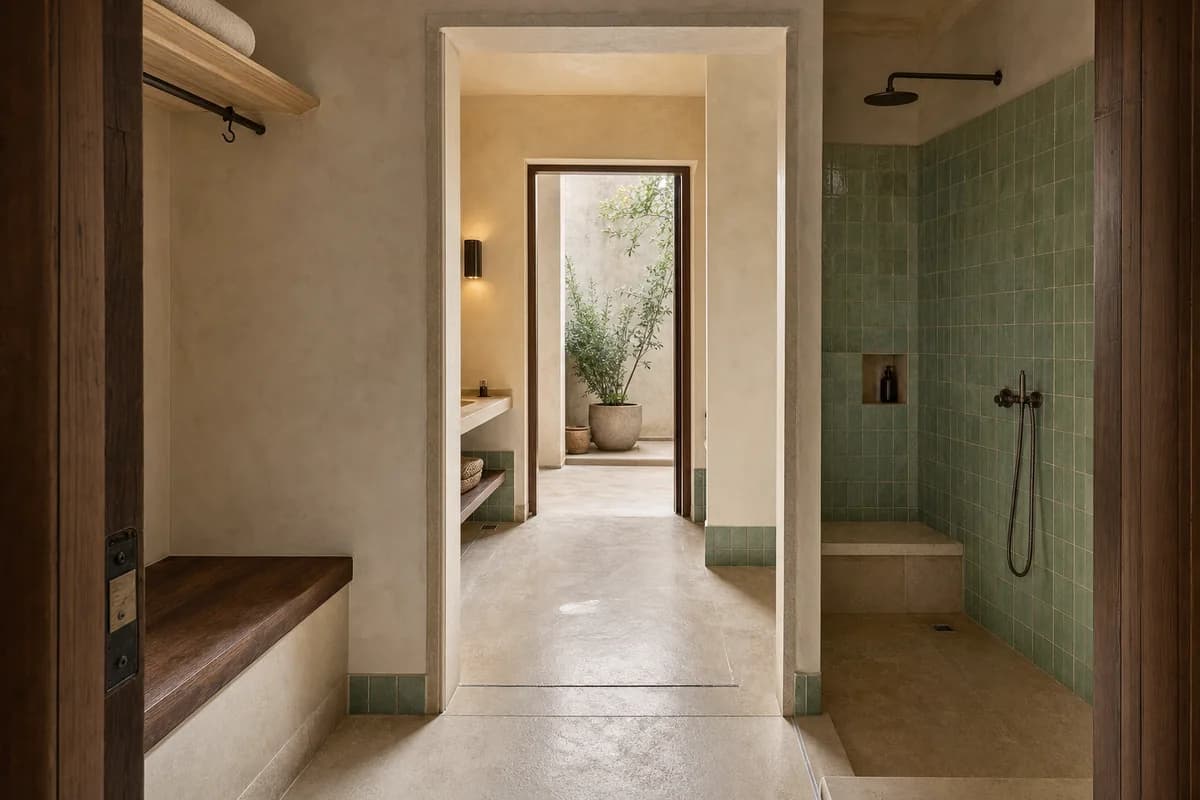 Courtyard Hammam Sequence, family bath suite defined by one continuous procession from a dry timber changing bench through an open warm wash room to a small private court, with aligned offset doorways making all three zones legible from one threshold.