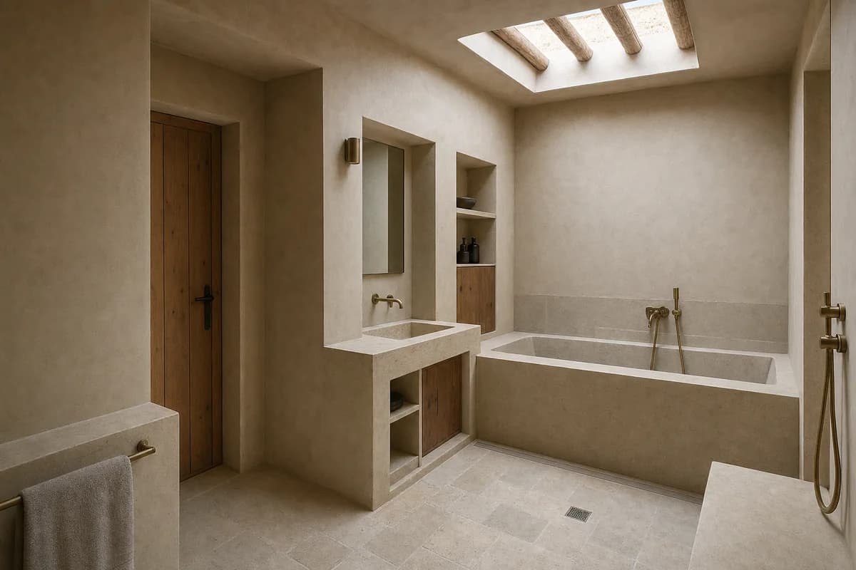 Deep-Reveal Bath, earth-house bathroom defined by a basin and bath occupying thick wall niches around a roof aperture.