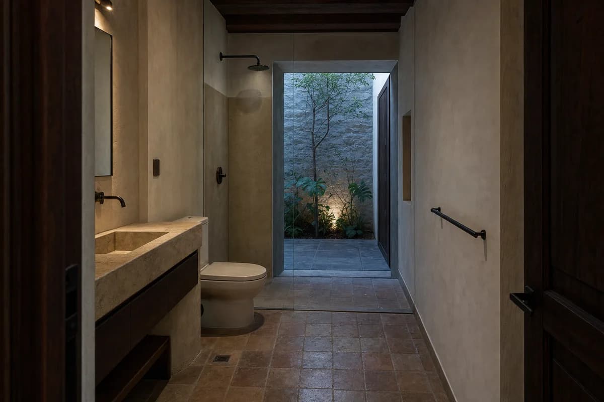 Dusk Courtyard Bath, urban townhouse bathroom defined by a bathing room opening to a narrow private court behind a deep lintel.