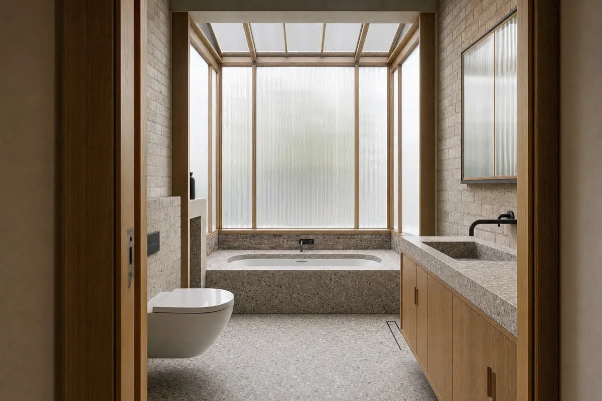Frosted Bay Bathroom, townhouse bathroom defined by a bathing alcove set inside a deep translucent garden bay.