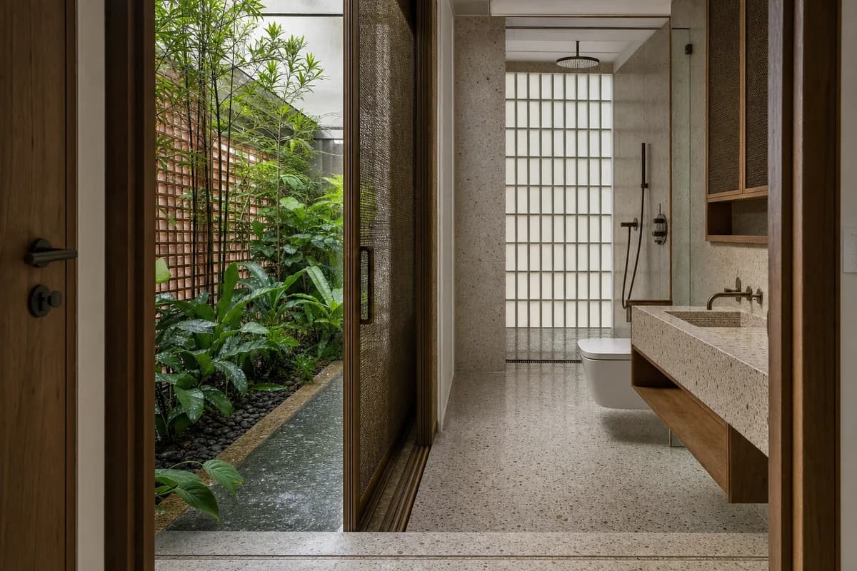 Rain-Chain Wash Room, compact tropical-house bathroom defined by a private rain court beside a fully covered wet room.