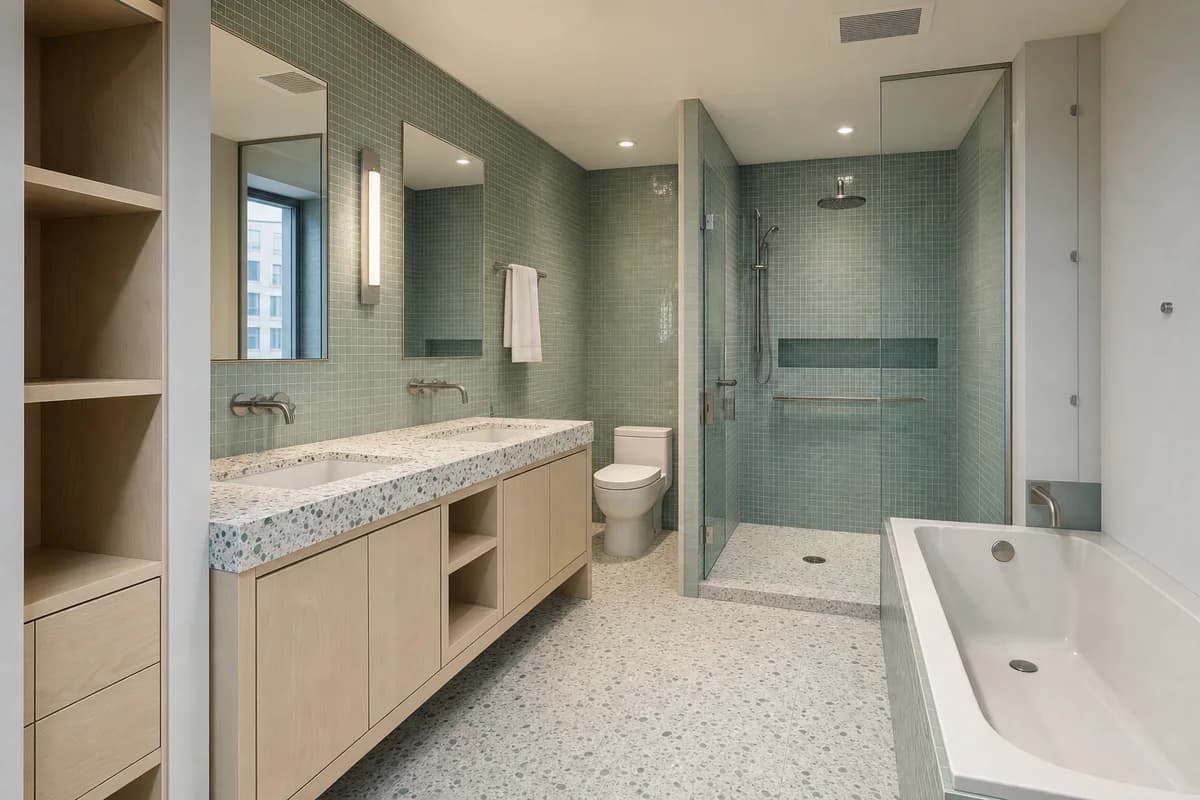 Shared Sibling Bathroom, family apartment bathroom defined by a dual-basin bay and separable wet room supporting simultaneous use.