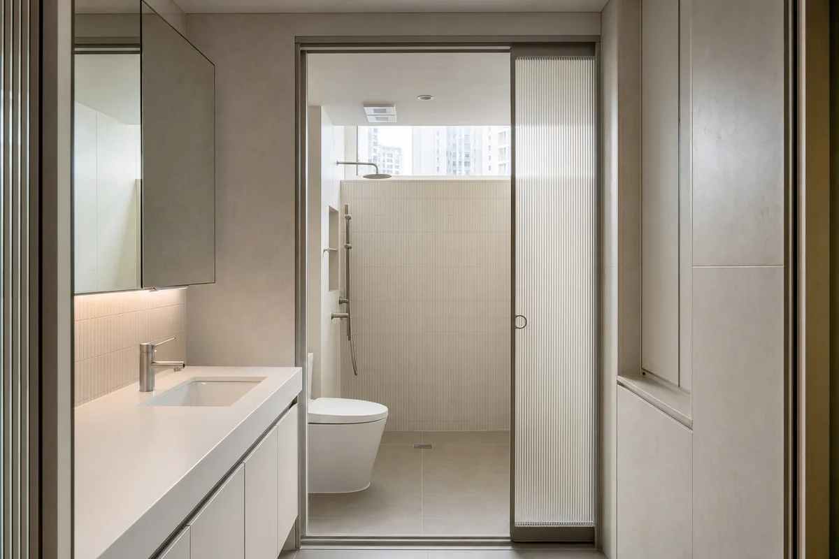 Split Wet-Dry Core, compact apartment bathroom defined by a sliding glass pocket separating basin, toilet, and shower sequence.