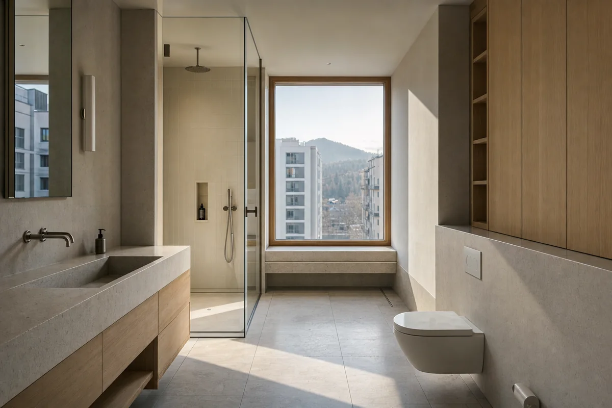 Stone Base Family Bath, mountain apartment bathroom defined by a durable wet datum supporting storage and a deep window bench.
