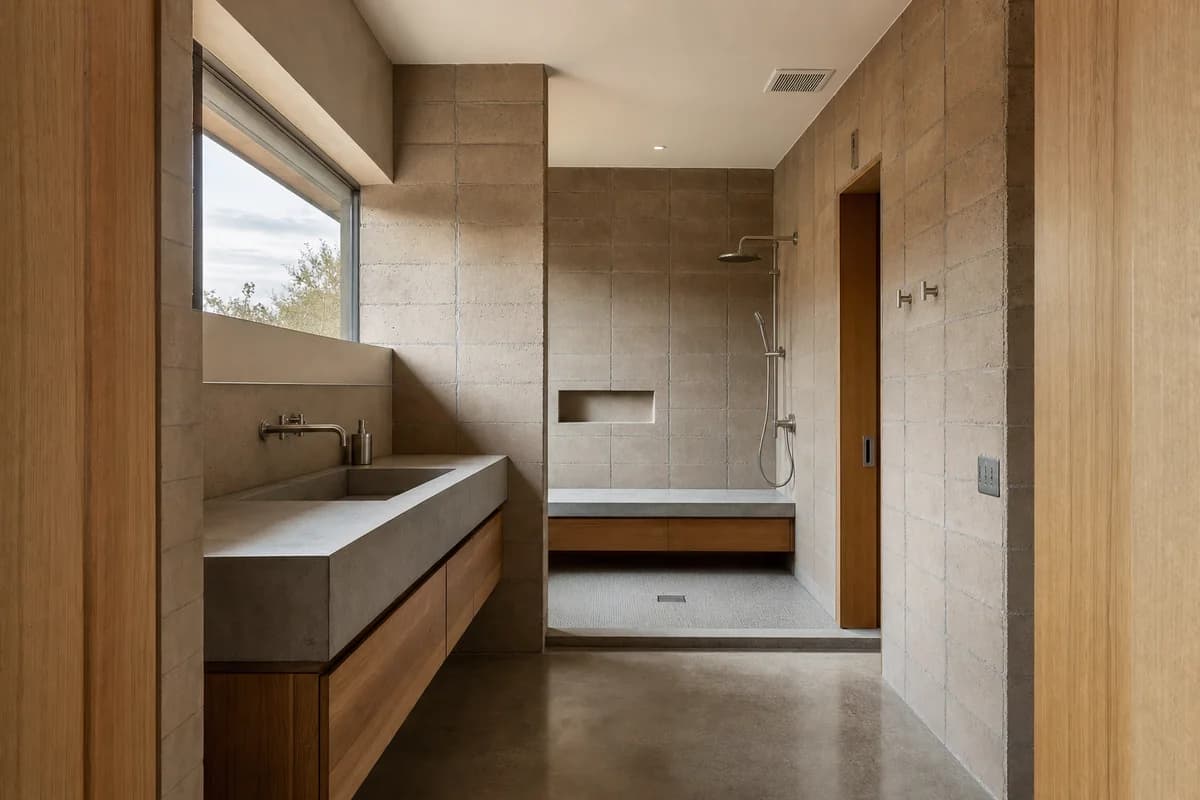 Thermal Bench Bathroom, desert-edge house bathroom defined by a masonry bench and service wall creating a shaded bathing recess.