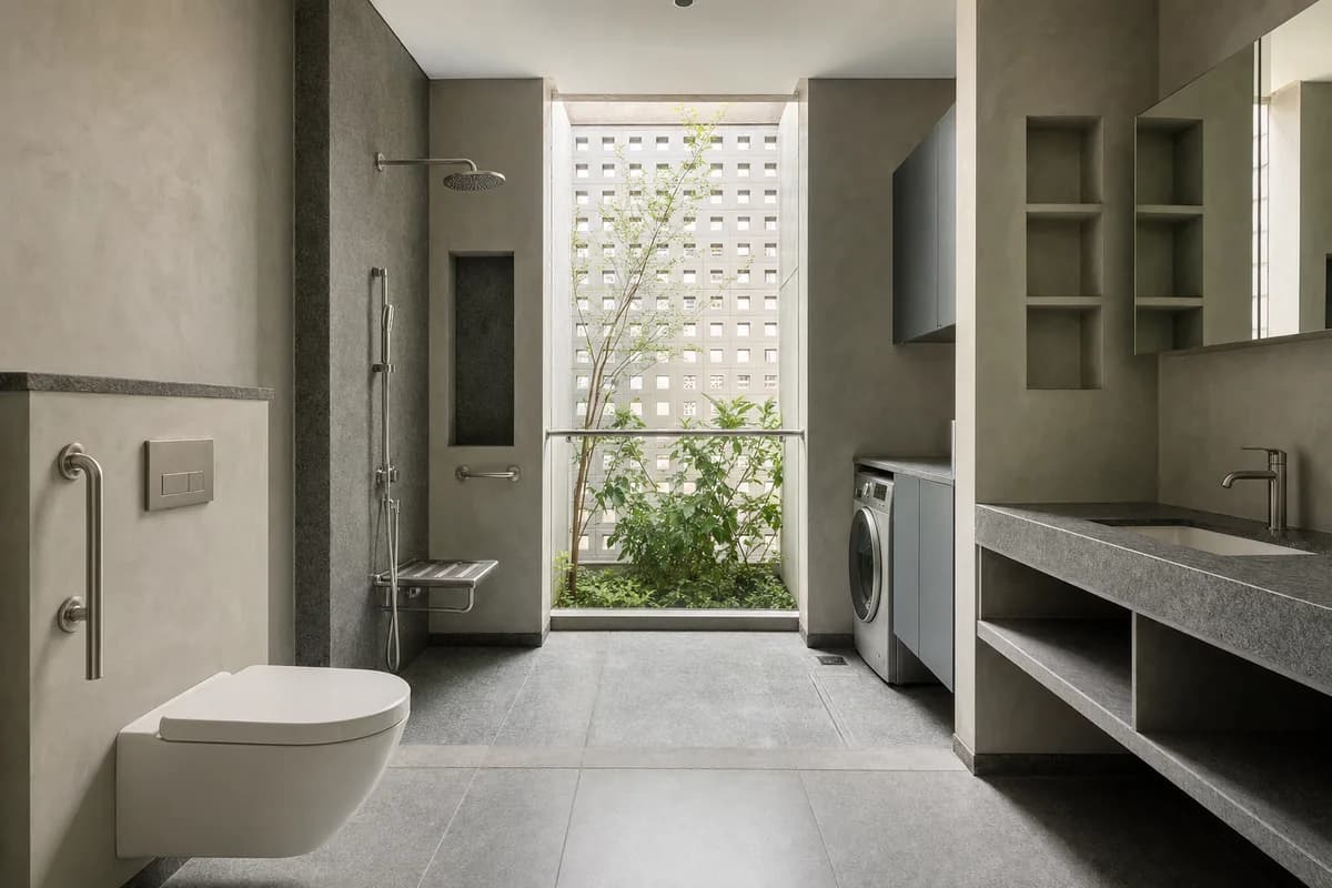 Ventilated Monsoon Bath, multigenerational home bathroom defined by a high-level vent court separating bathing and laundry.