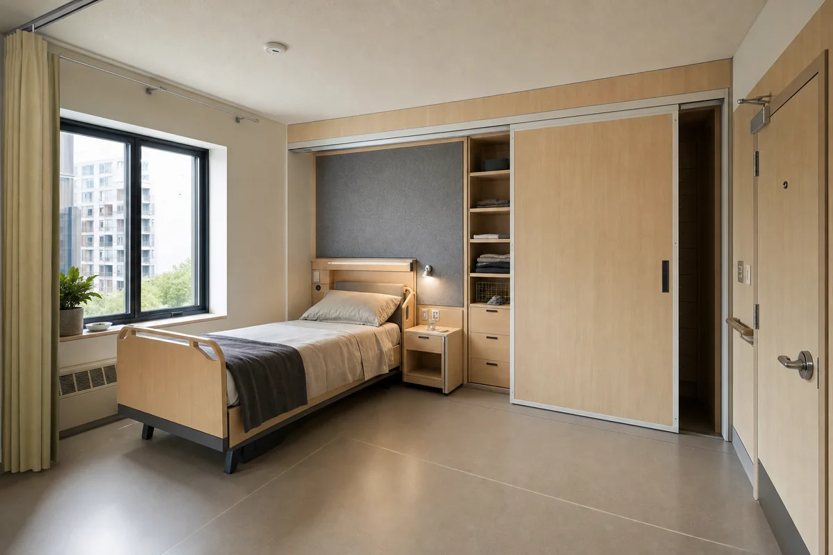 Adaptable Care Bedroom, accessible apartment bedroom organized by a sliding storage wall preserving turning and caregiver space.