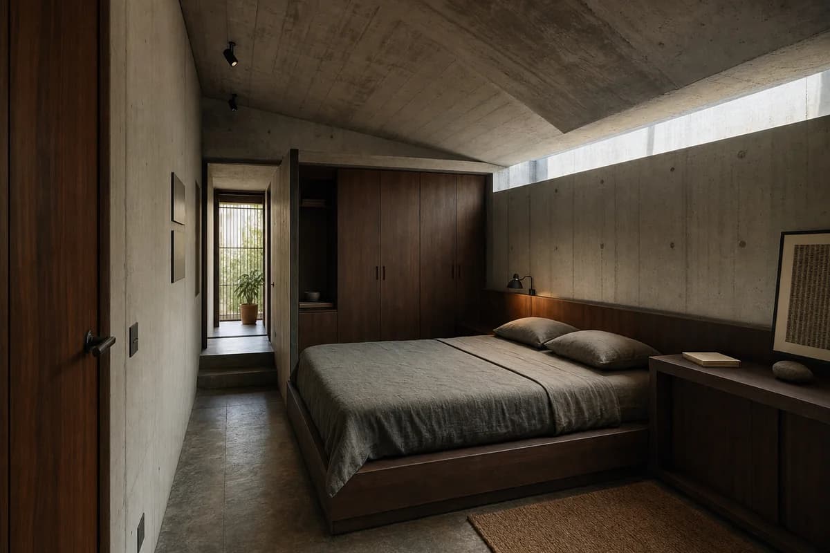 Concrete Canopy Room, narrow urban-house bedroom organized by a folded concrete ceiling sheltering the bed and side-light slot.