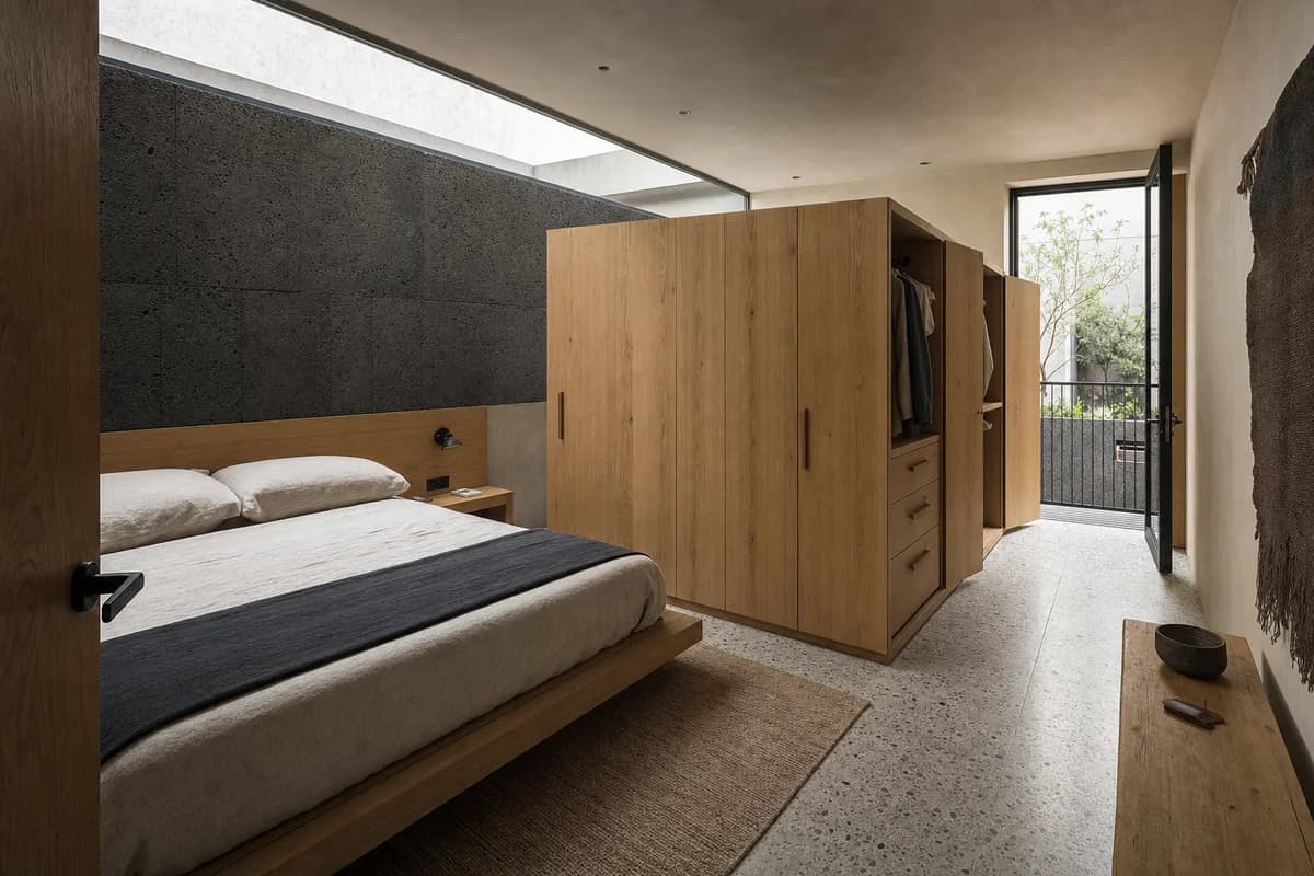 Courtyard Rooflight Room, townhouse bedroom organized by a queen bed and low freestanding dressing core arranged side by side beneath a linear rooflight, with the core stopping short of both walls to preserve two clear routes around it.