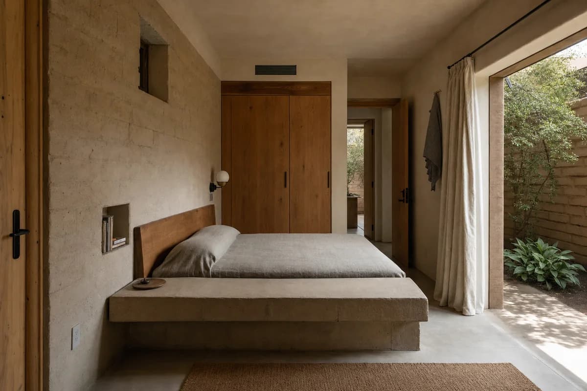 Earth Bench Bedroom, desert-edge bedroom organized by a masonry bed bench joining a thermal wall and shaded court.