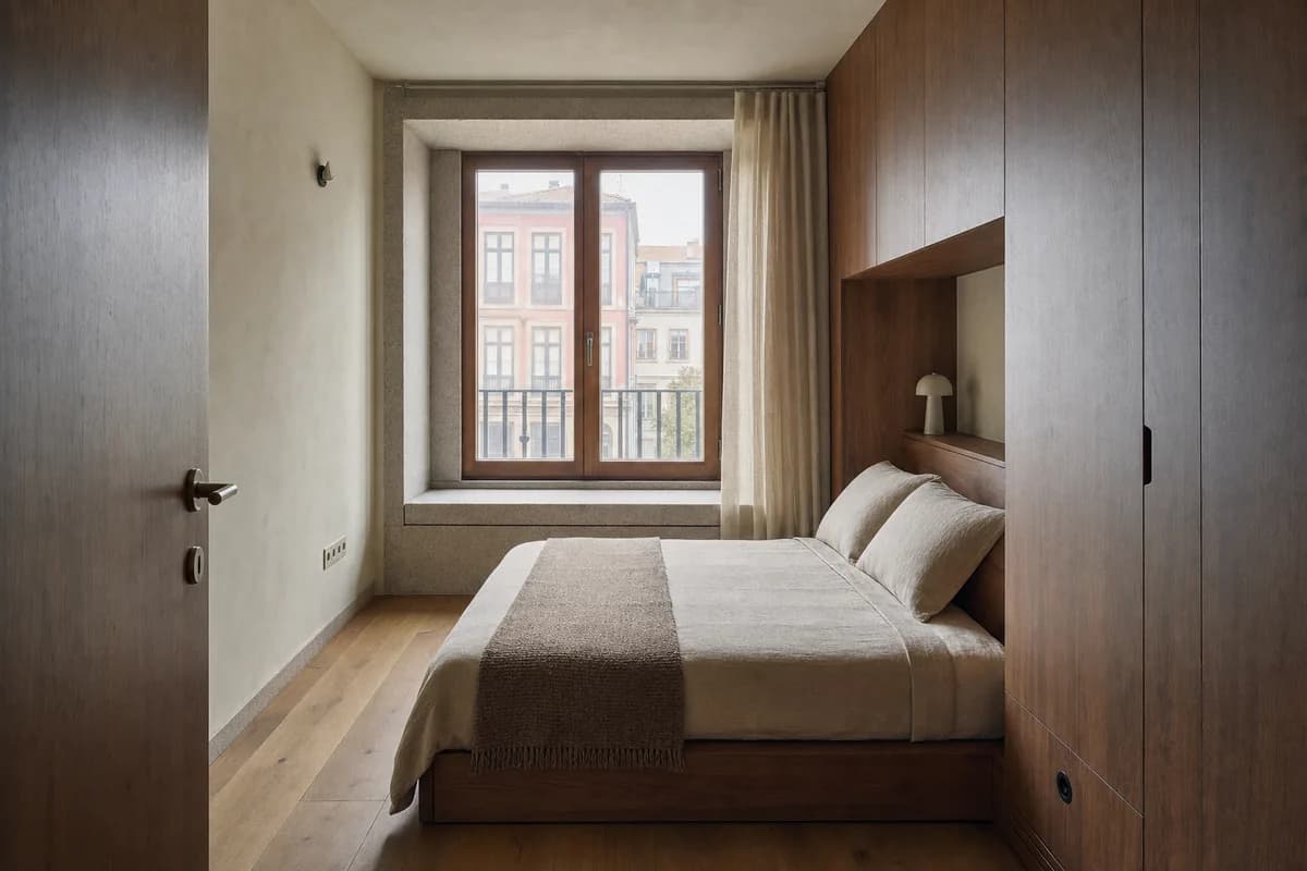 Harbor Recess Bedroom, apartment bedroom organized by a deep reveal forming a seat while storage protects the party wall.