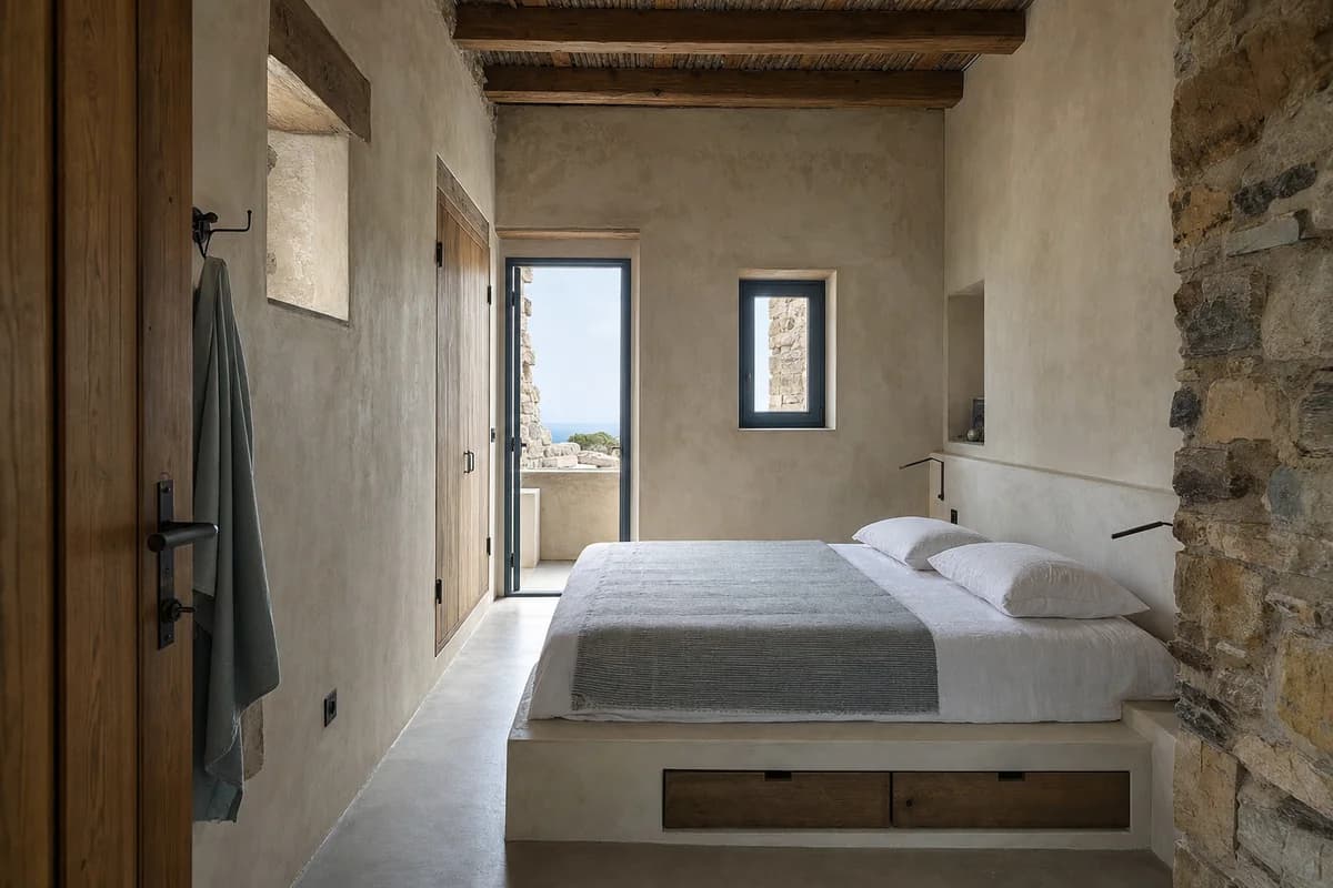 Island Wind Room, compact stone-house bedroom organized by offset openings providing cross ventilation without direct overlooking.