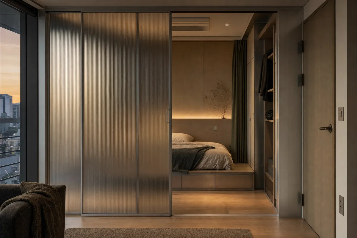 Low-Light Urban Bedroom, apartment bedroom organized by a recessed sleeping zone behind a translucent sliding wall.