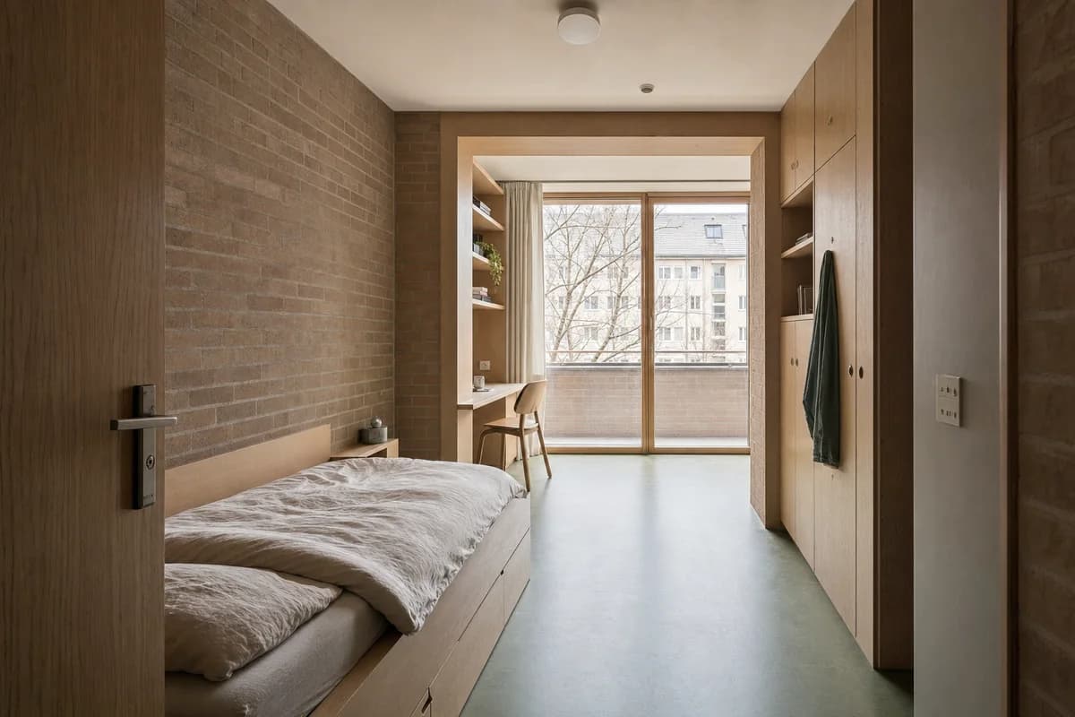 Shared Loggia Bedroom, cooperative housing bedroom organized by a sleeping room and study bay opening to a deep winter loggia.