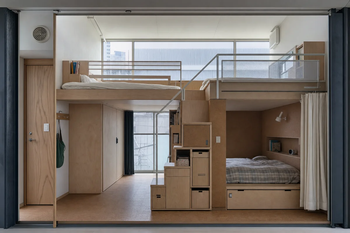 Split-Level Children’s Room, shared children’s bedroom organized by two sleeping platforms interlocking around stair storage.