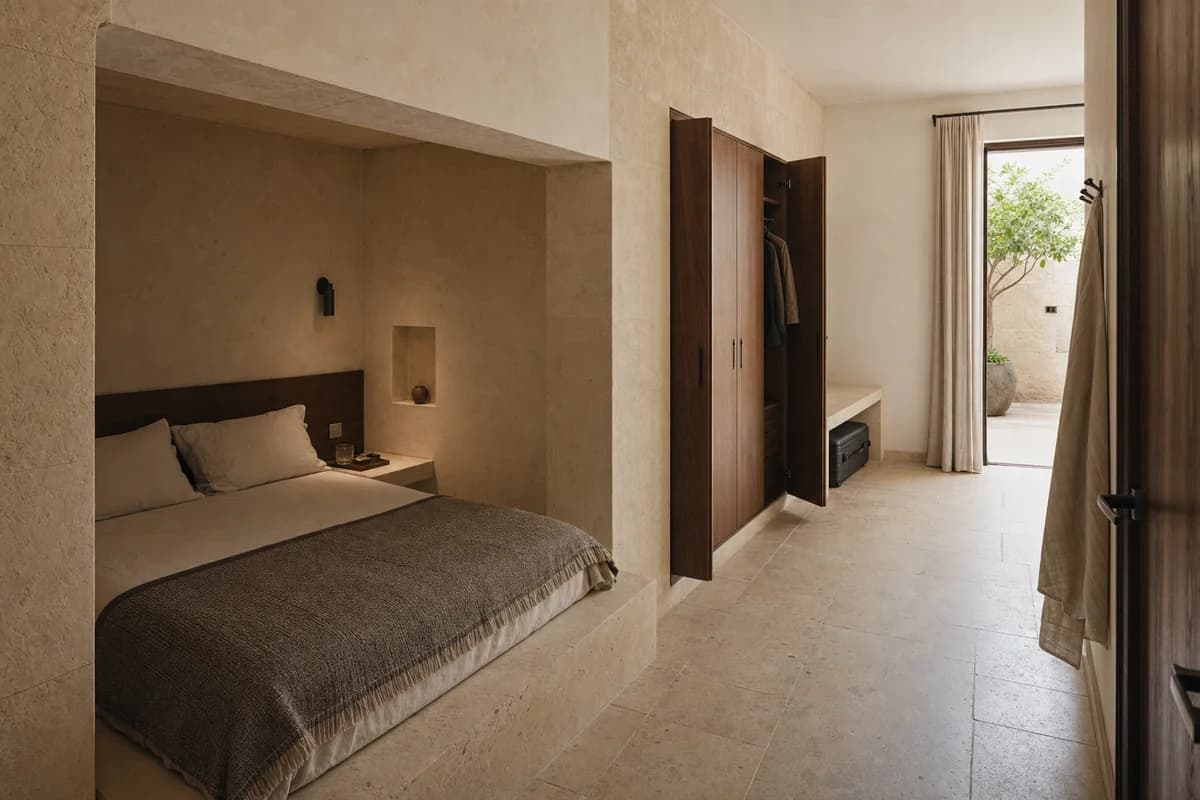 Thick-Wall Guest Room, courtyard-dwelling guest bedroom organized by a clearly inhabited sleeping niche, bedside ledge, luggage recess, and full-height wardrobe carved into one 700-millimeter-deep masonry service band while leaving a direct clear route from door to shaded court.