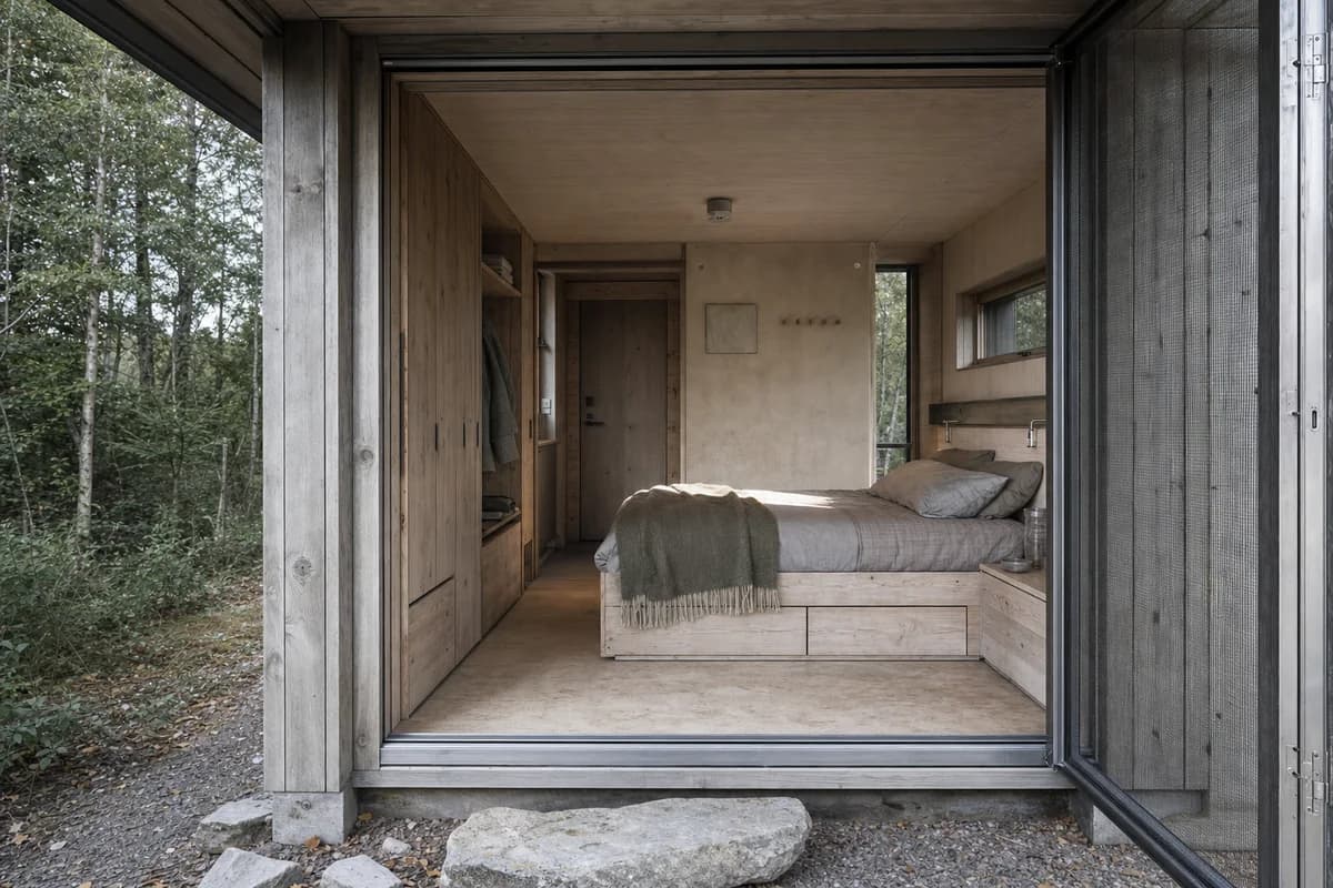 Woodland Threshold Room, small pavilion bedroom organized by a protected timber bay framing a screened raised threshold.