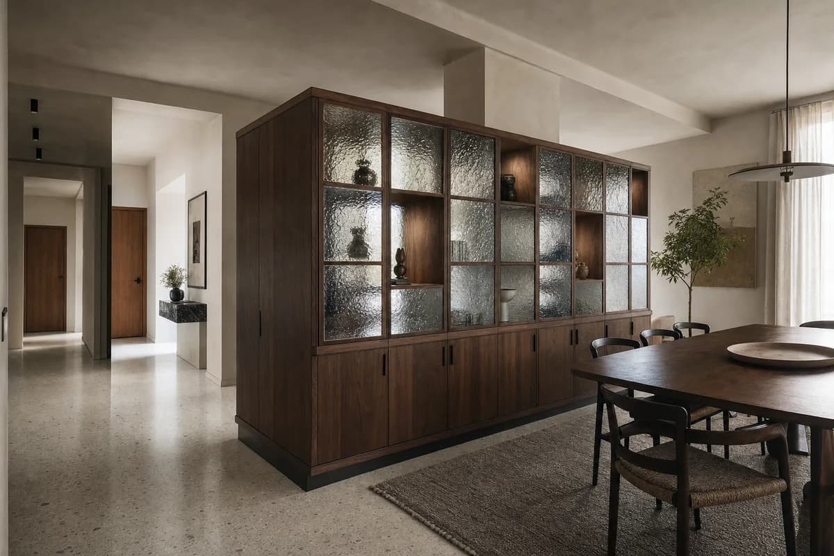 Cast-Glass Dining Screen, furniture shaping dining room with a cabinet screen.