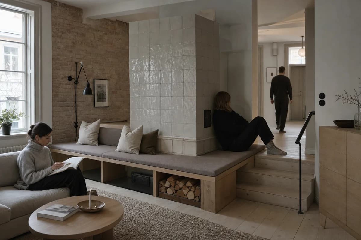 Ceramic Stove Bench, furniture shaping cold-climate living room with a heated bench.