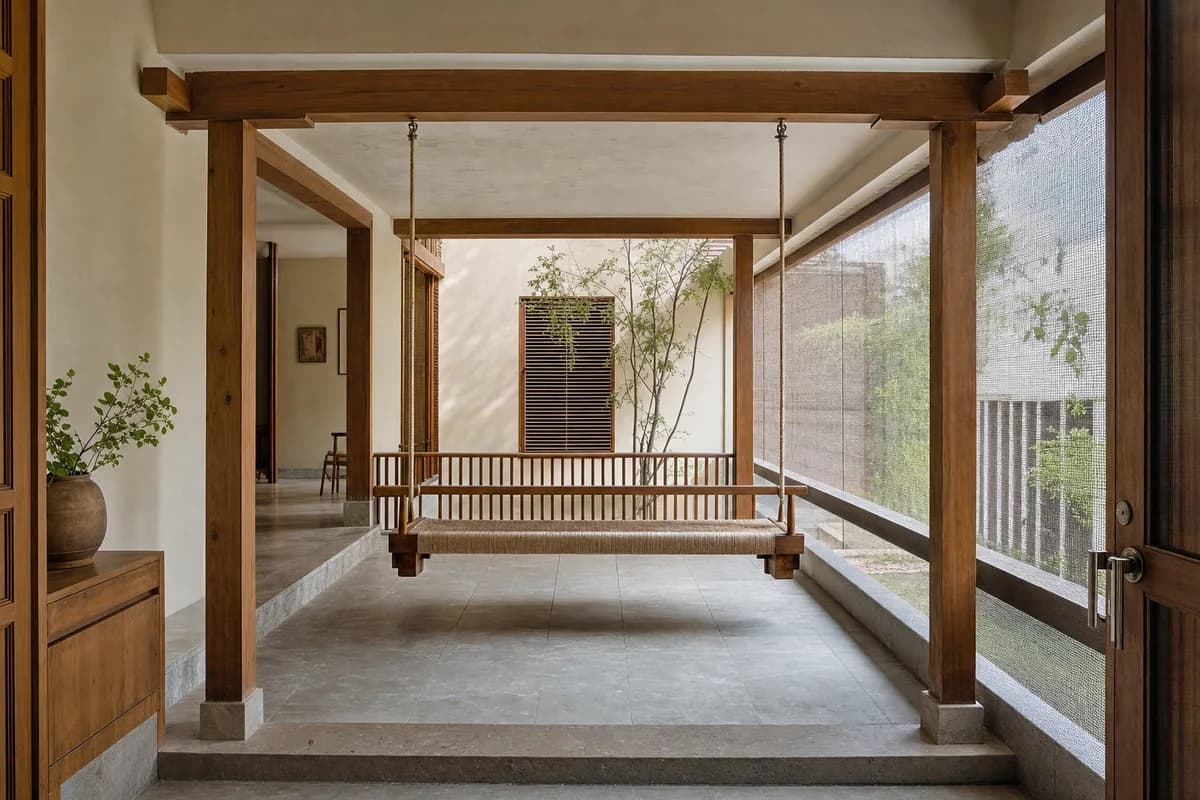 Courtyard Swing Bench, furniture shaping family veranda with a suspended bench.