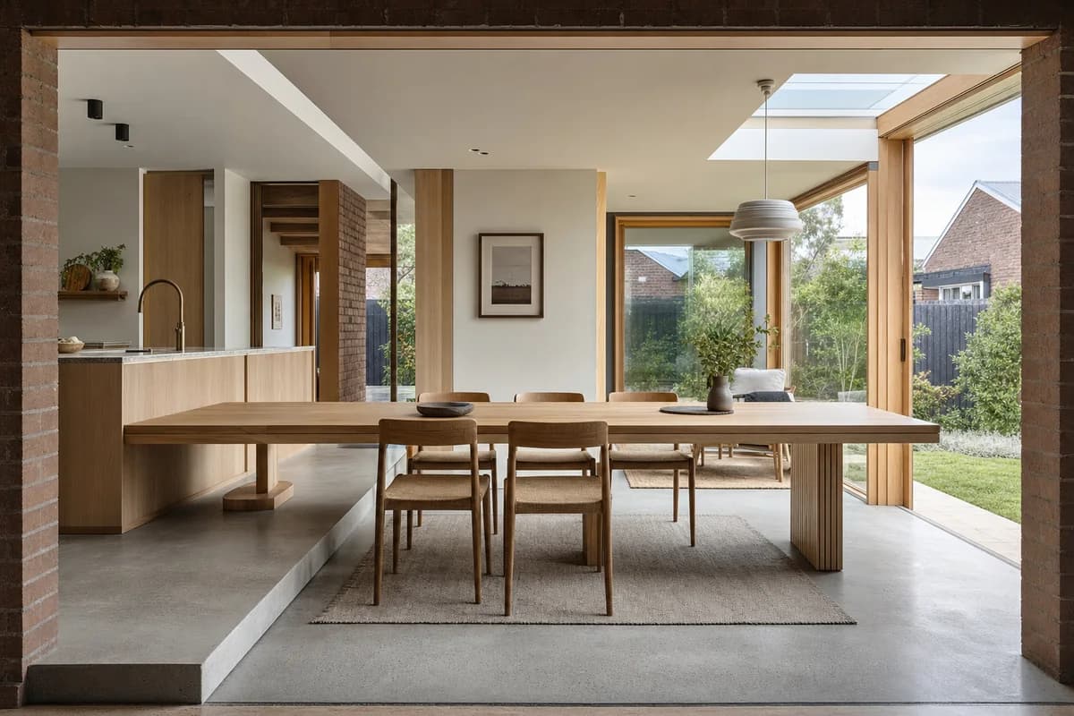 Laminated Timber Table Bridge, furniture shaping family dining room with a spanning table.