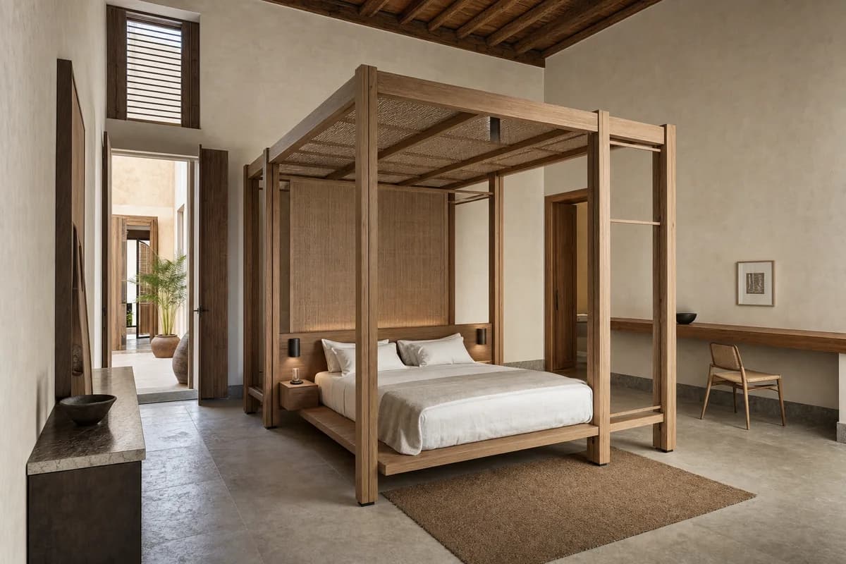 Linen Canopy Bedframe, furniture shaping bedroom with a structural bed canopy.