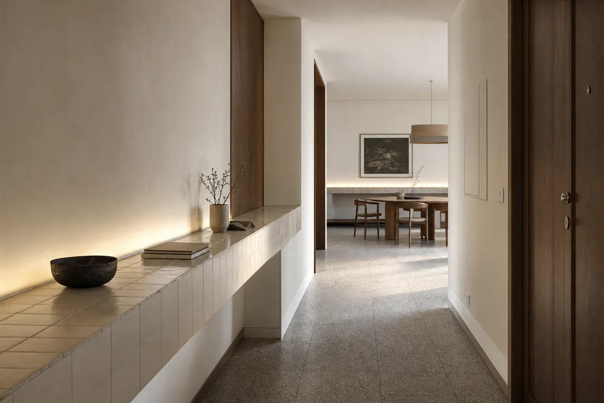 Long Ceramic Console, furniture shaping apartment hall with a tiled console.