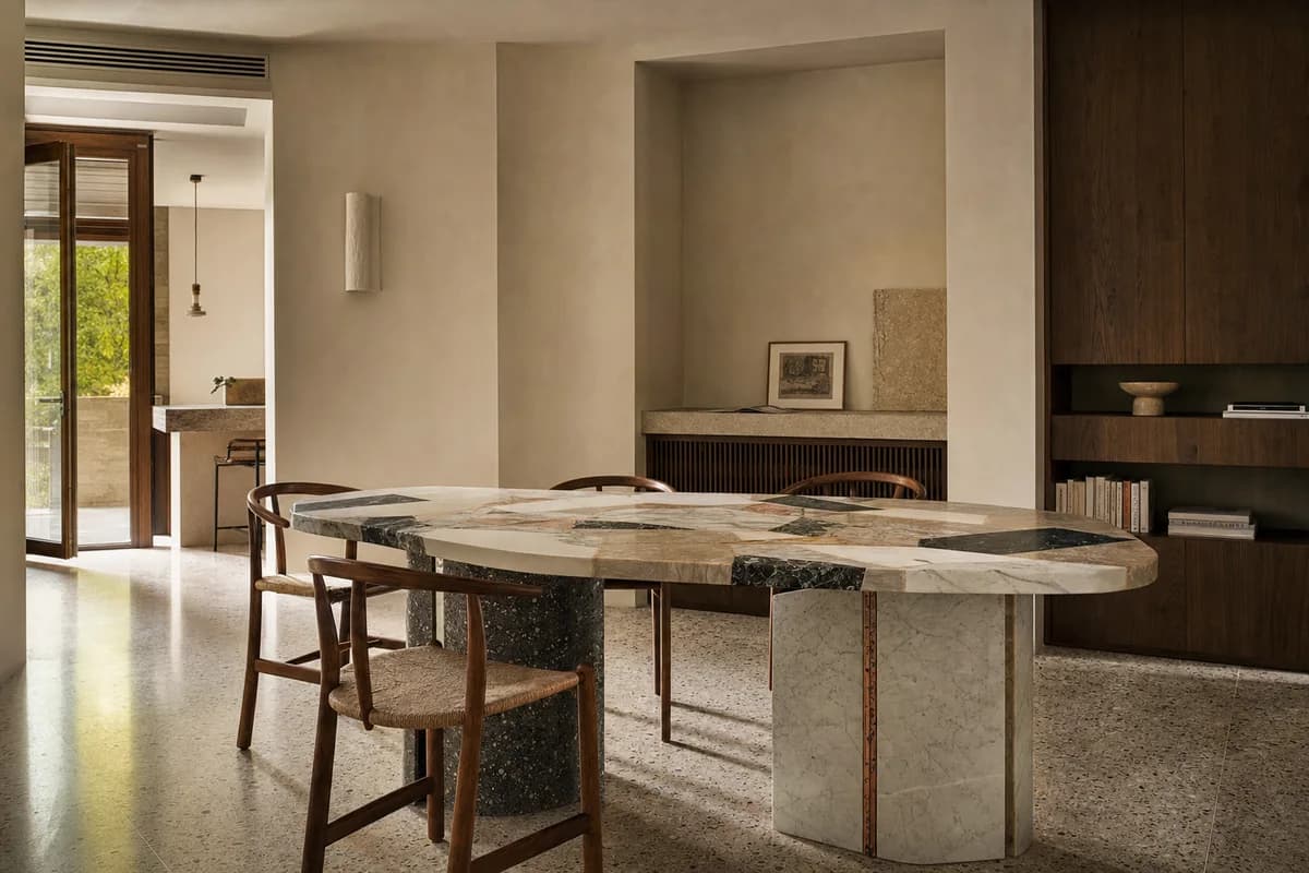 Marble Offcut Table, furniture shaping apartment dining room with a composite table.
