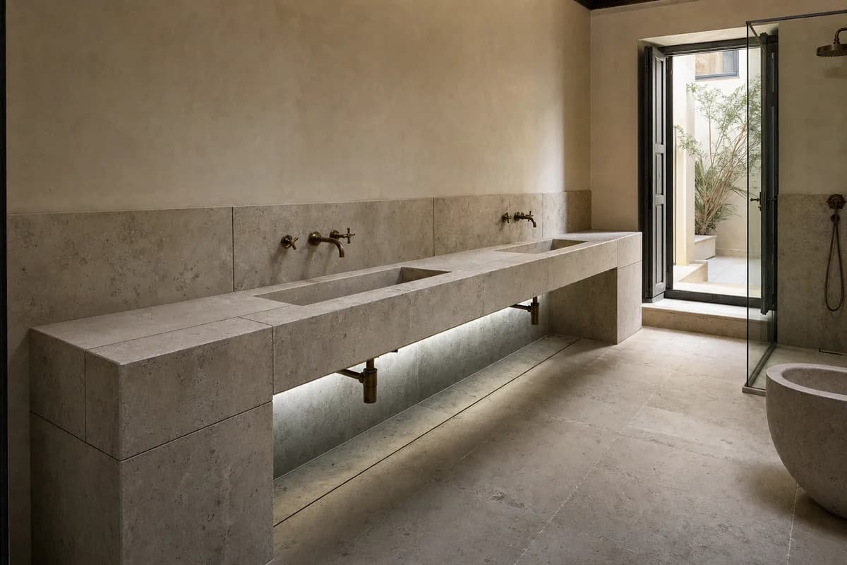 Monolithic Washstand, furniture shaping residential bathroom with a stone washstand.