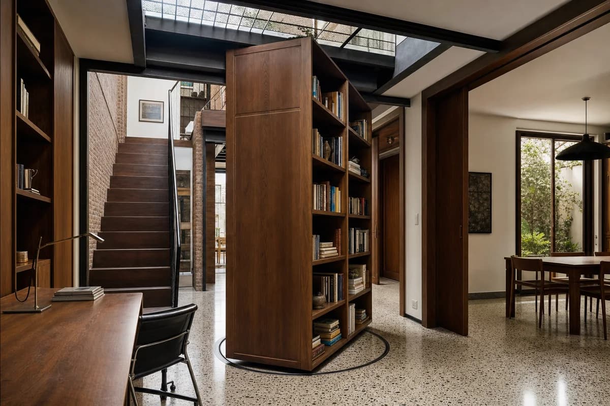 Pivoting Book Tower, furniture shaping study with a rotating bookshelf.