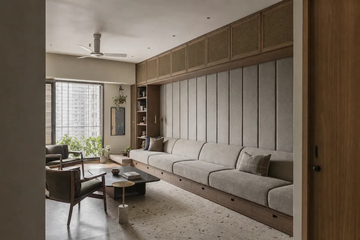 Quilted Wall Sofa, furniture shaping acoustic living room with a wall-length sofa.