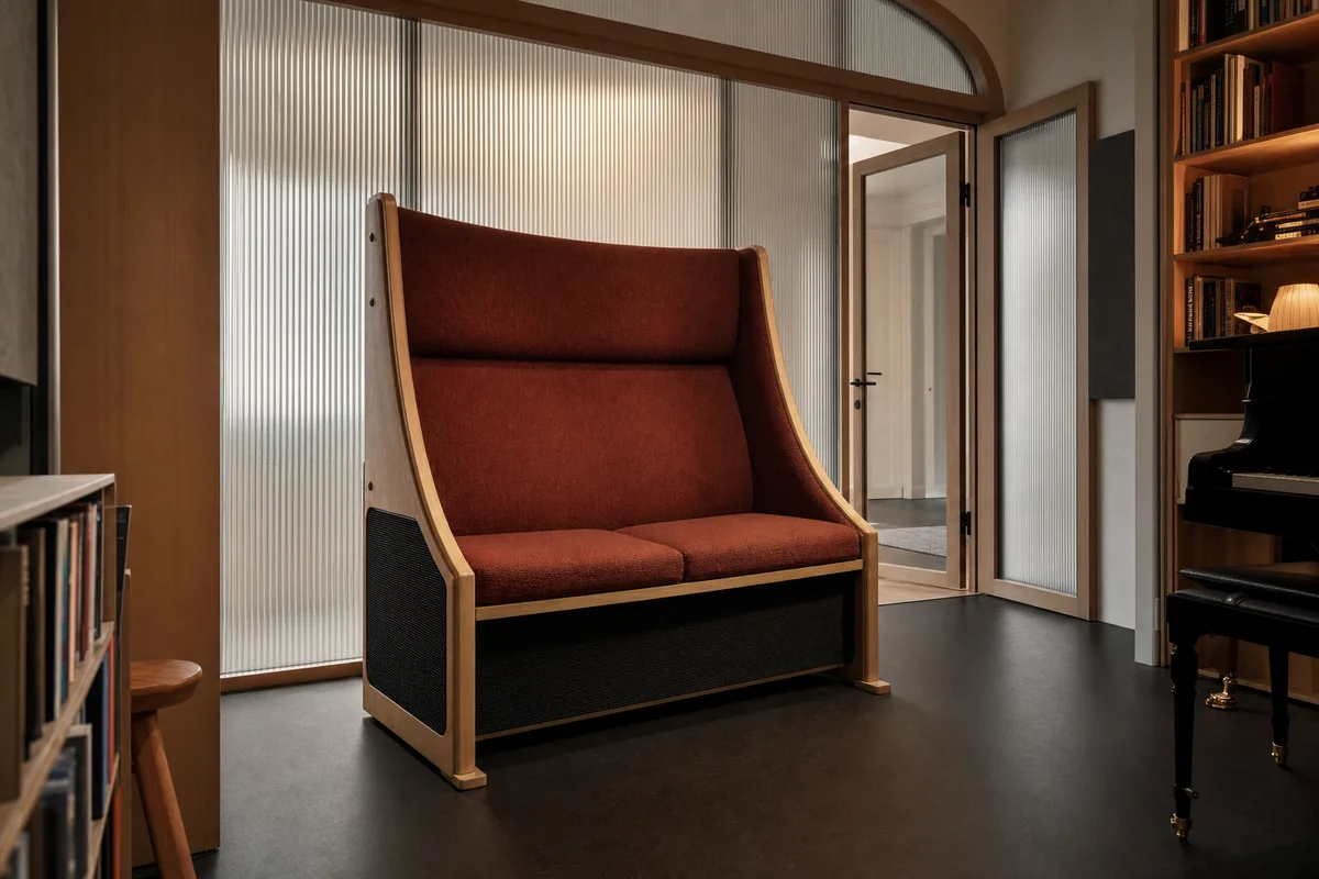 Ribbed Glass Listening Bench, furniture shaping music room with an acoustic bench.