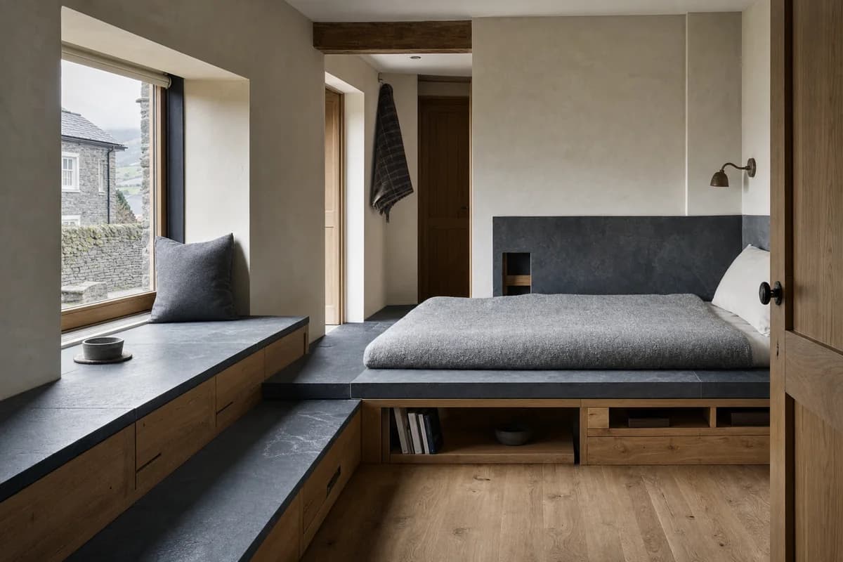 Slate Bench Bed, furniture shaping guest room with a bench-bed hybrid.