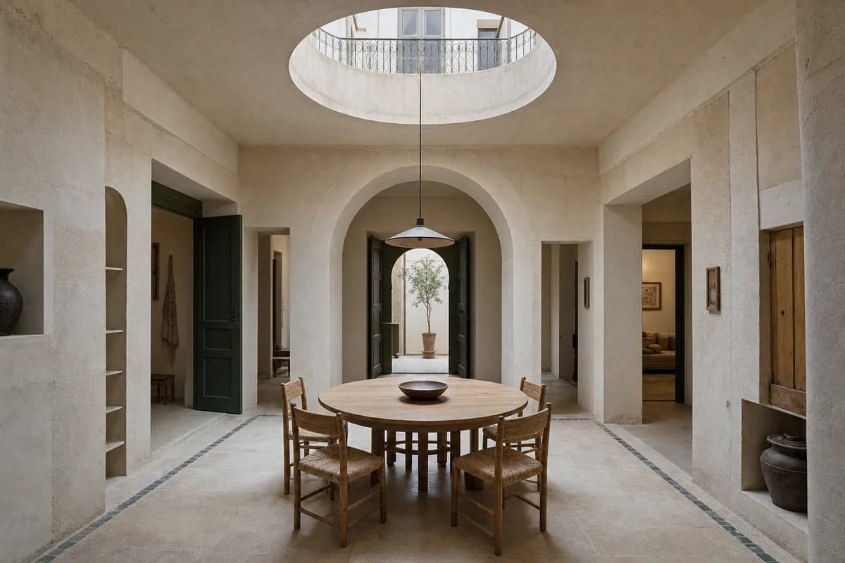 Stone Drum Table, furniture shaping courtyard dining room with a round table.
