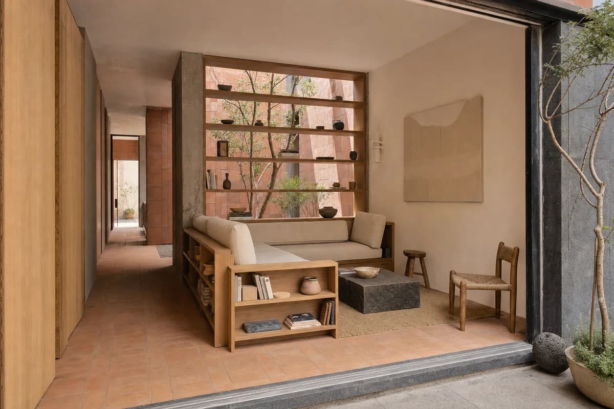 Terracotta Shelf Sofa, furniture shaping living room with a shelving-backed sofa.