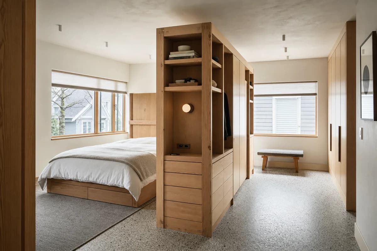 Timber Spine Bed, furniture shaping bedroom with a bed-storage spine.
