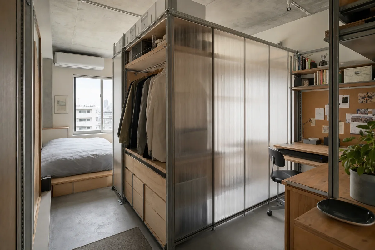 Translucent Wardrobe Island, furniture shaping bedroom with a wardrobe divider.
