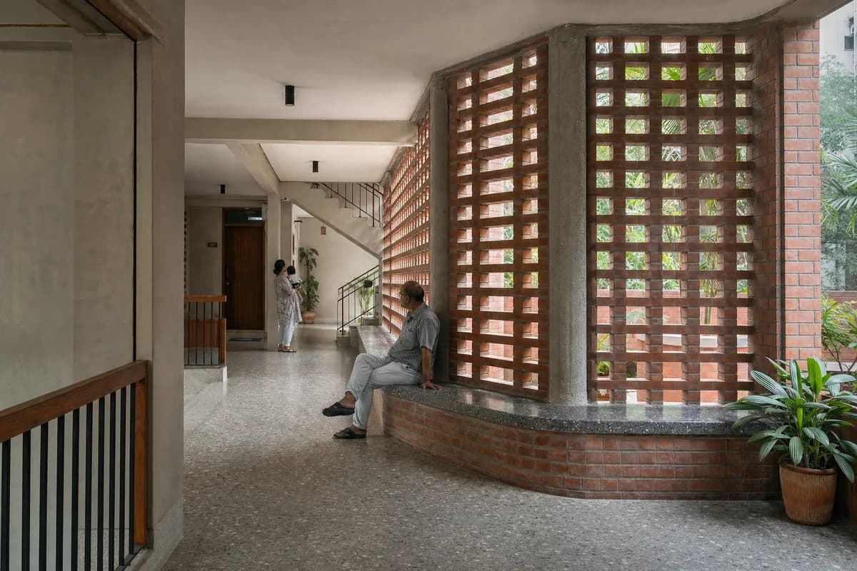 Wavy Brick Bench, furniture shaping apartment courtyard hall with a masonry bench.