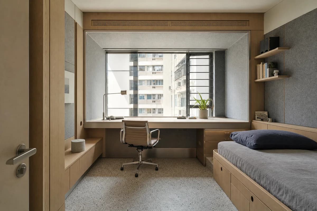 Window-Wall Desk, furniture shaping bedroom study with a continuous desk.
