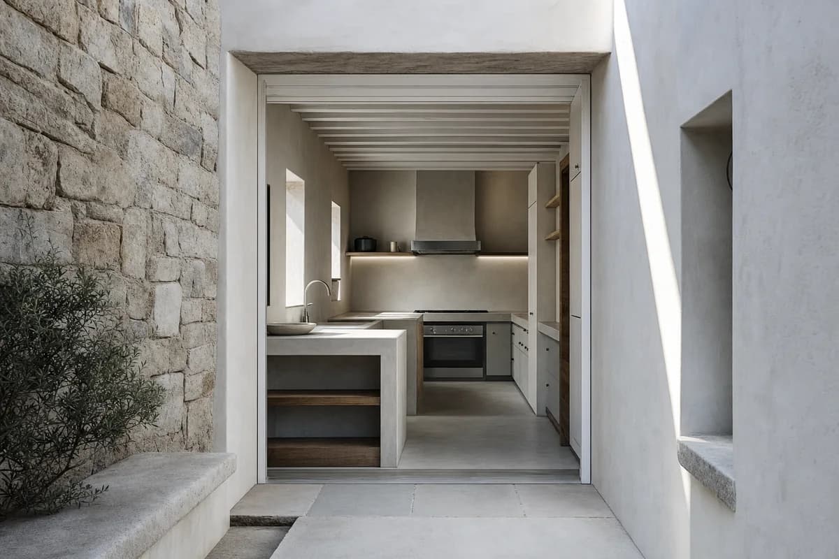 Blue-Shadow Kitchen, island townhouse kitchen shaped by a recessed kitchen protected behind a wind-buffered court.