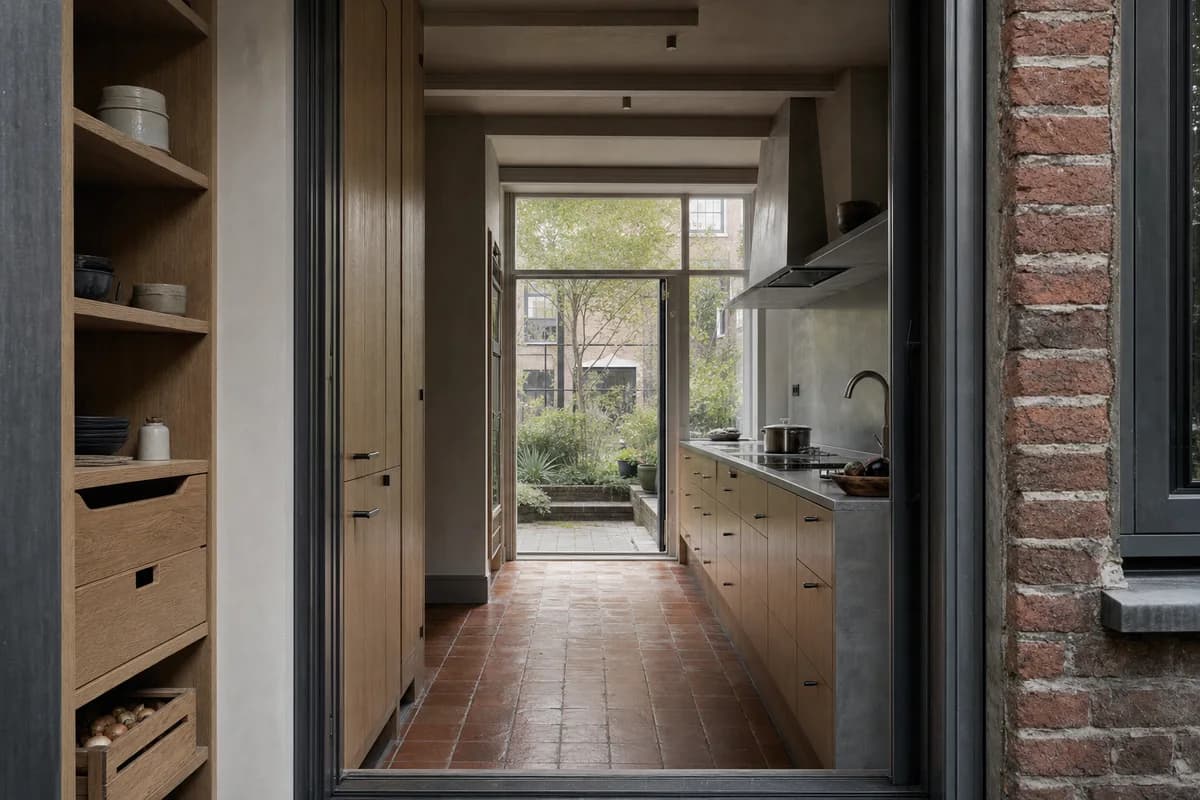 Canal-Edge Scullery, compact rowhouse kitchen shaped by a layered pantry, wet zone, and glazed garden threshold.